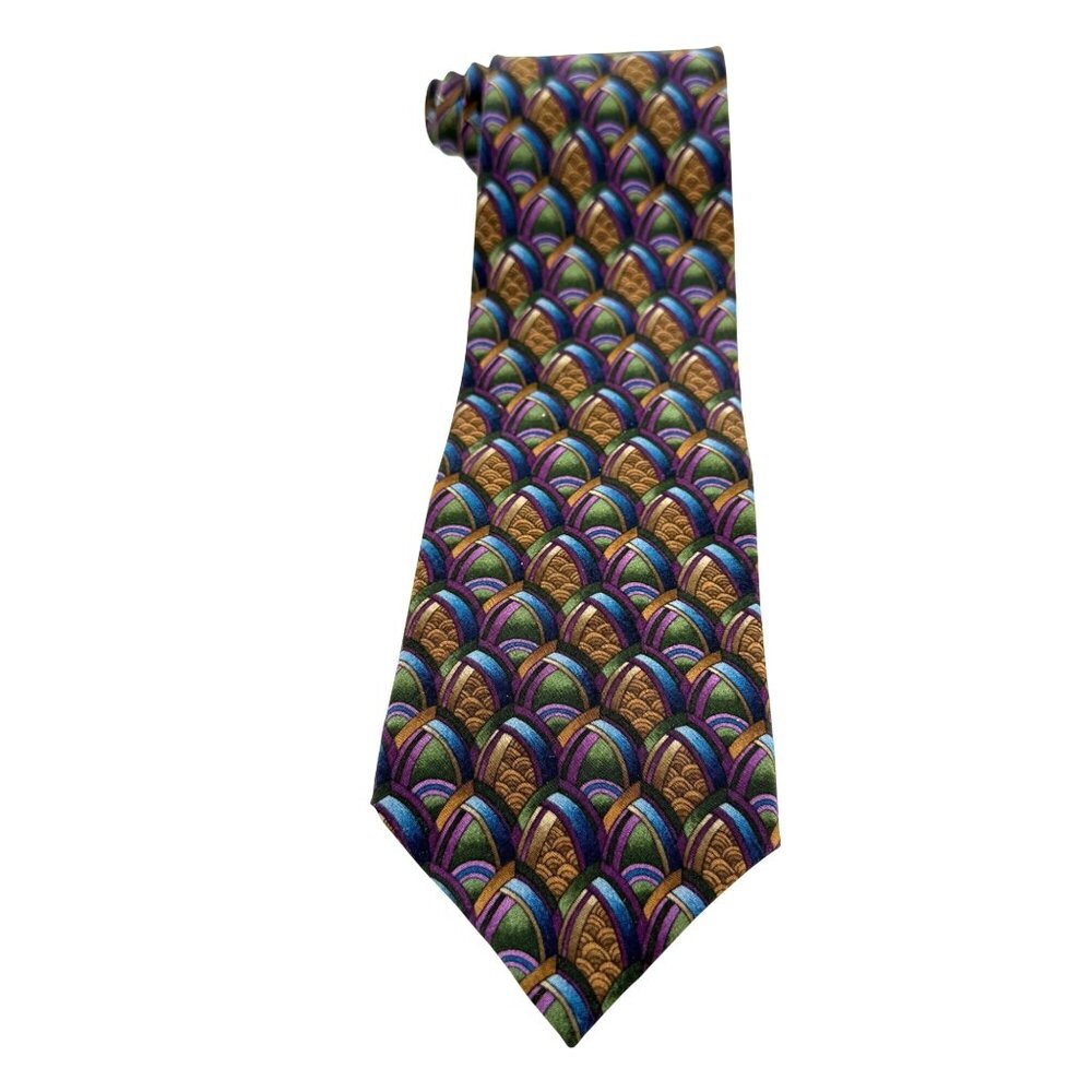 J. Garcia Silk Tie Hand Sewn USA Art Deco Brown Purple Green Blue Vintage